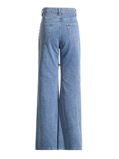 Mid-waist Rhinestone Straight Jeans