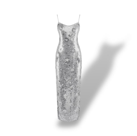 Silver Sequin Sunflower Hip-Wrap Suspender Dress