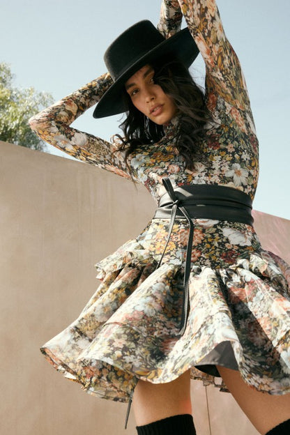 Floral Mesh And Organza Ruffled Mini Dress