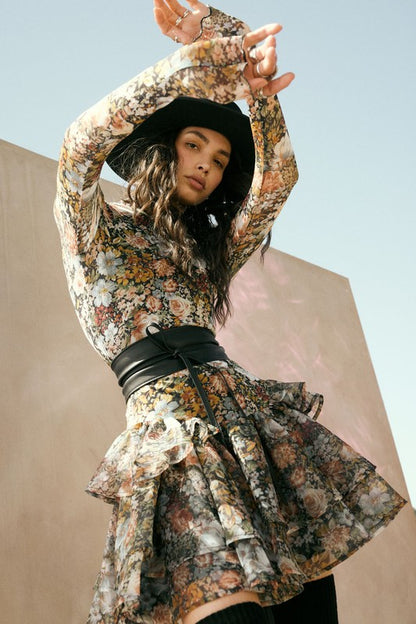 Floral Mesh And Organza Ruffled Mini Dress