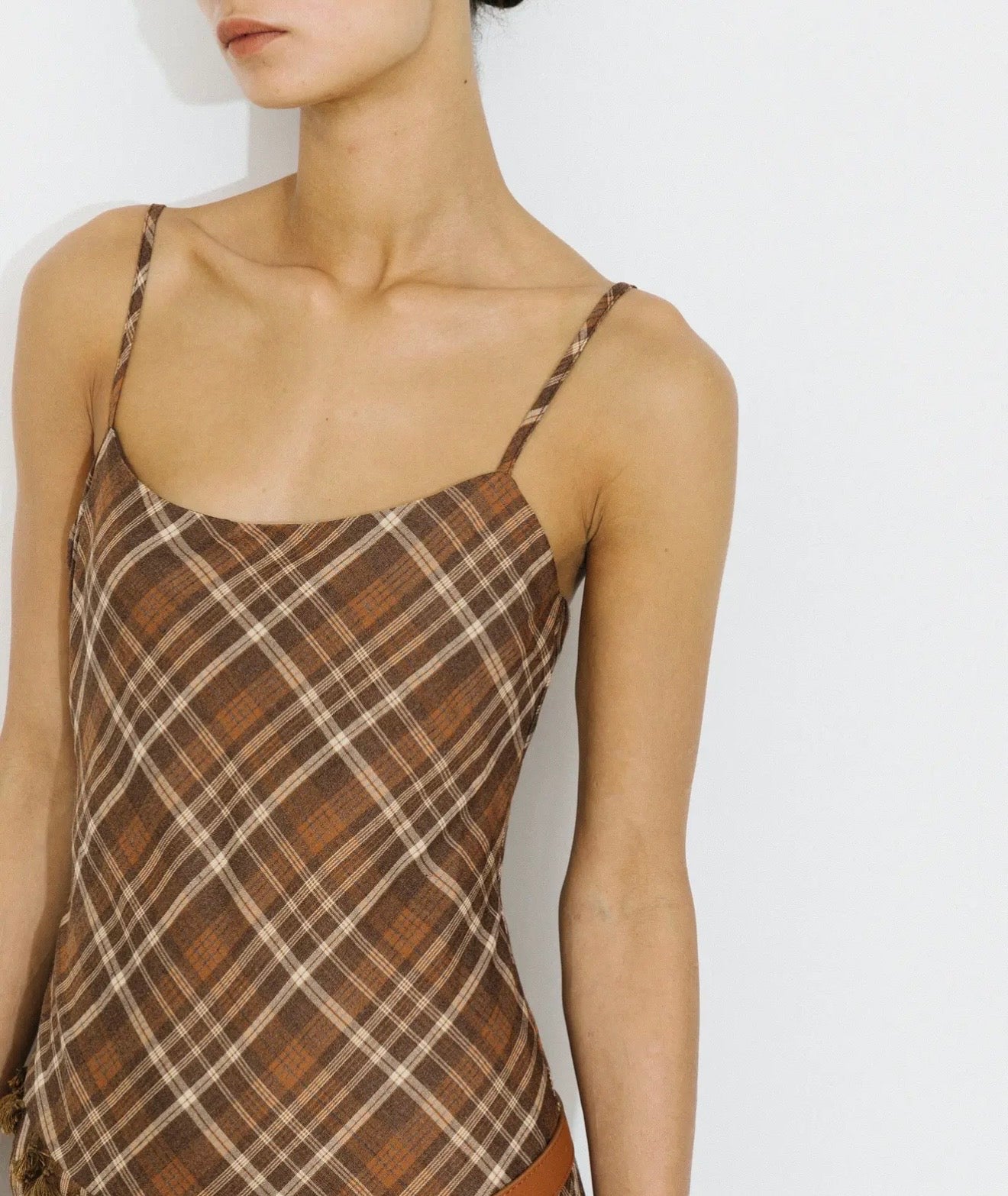 Checkered A-line cami dress in brown and asymmetric