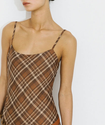 Checkered A-line cami dress in brown and asymmetric