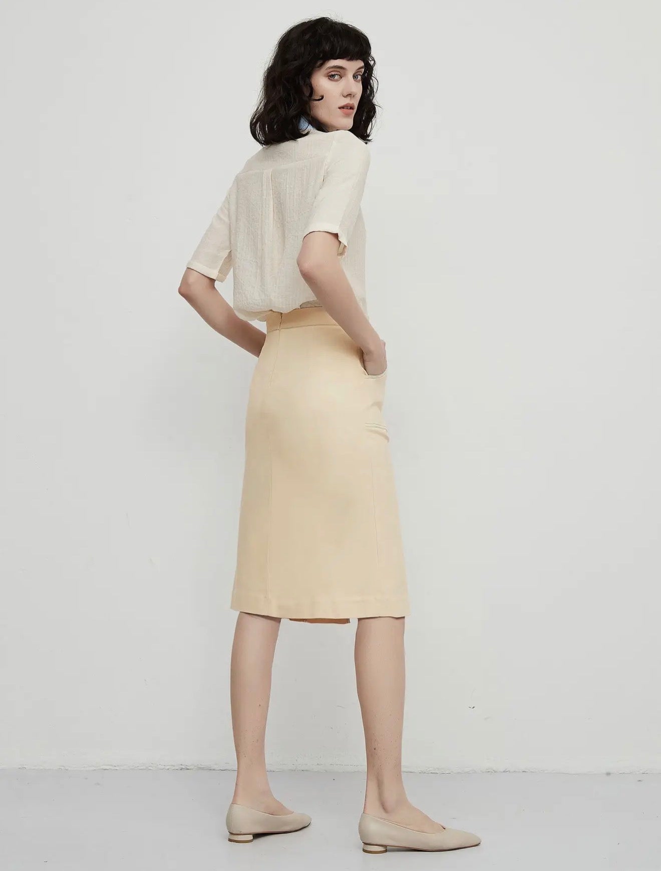 08 - Ivory Tailored Midi Skirt