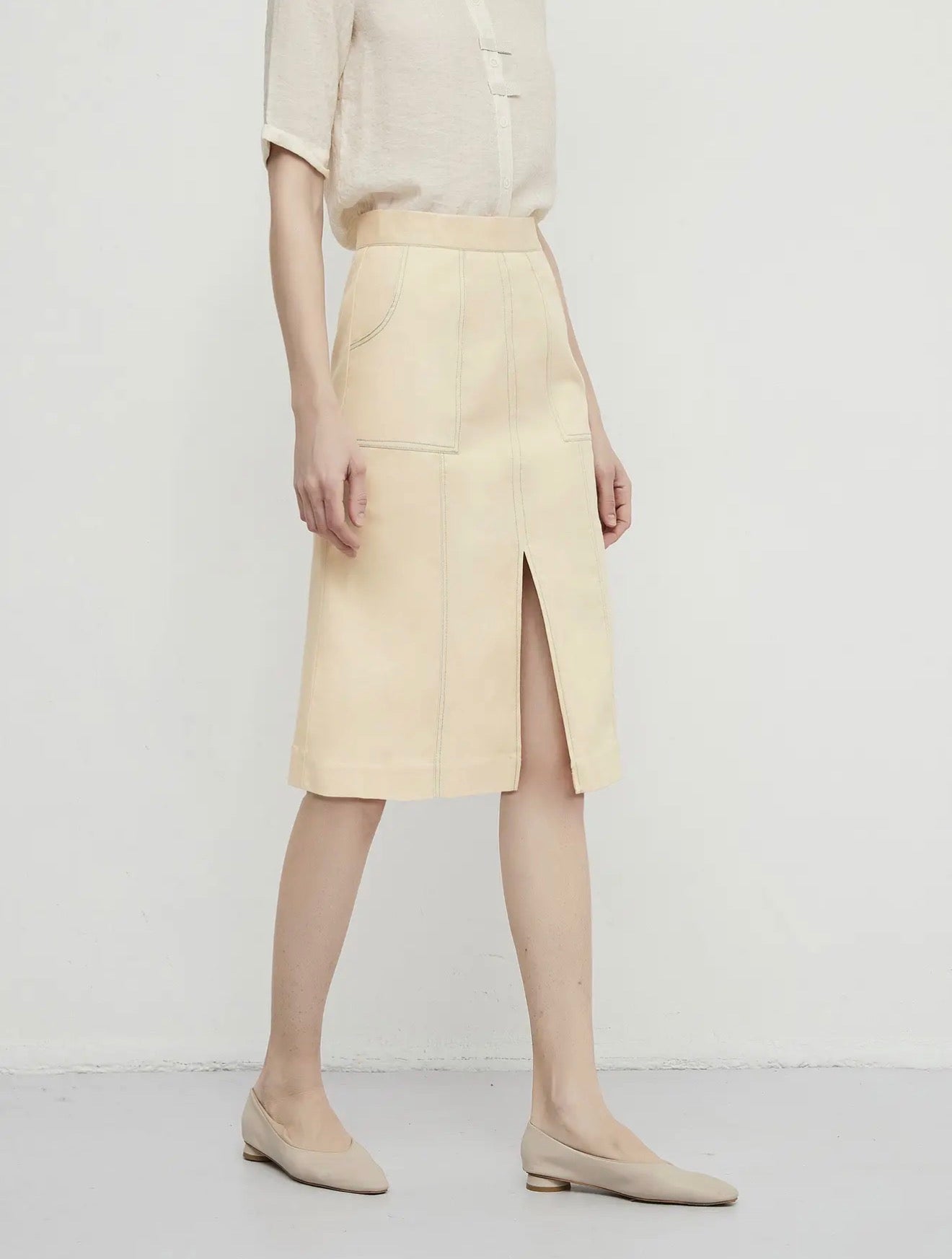 08 - Ivory Tailored Midi Skirt