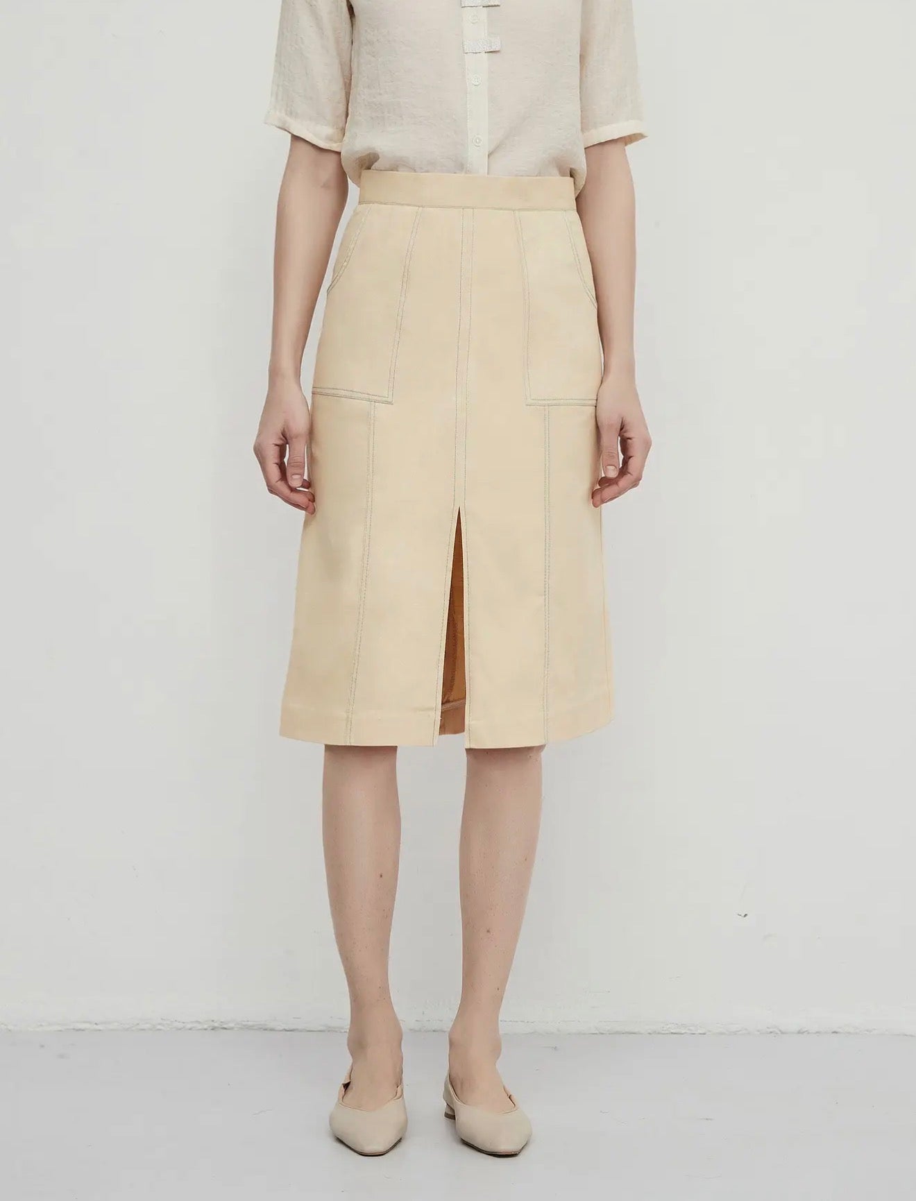 08 - Ivory Tailored Midi Skirt