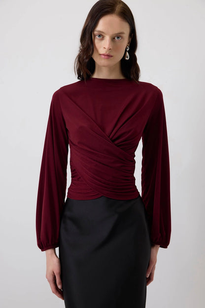 Draped Front Pleated Hem Blouse with Ballon Sleeves