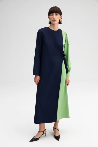 Colorblock Side-Tie Long Sleeve Maxi Dress