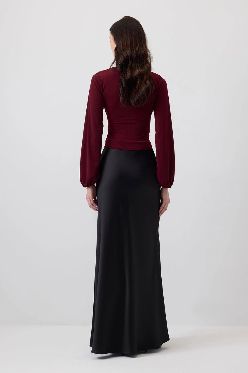 Draped Front Pleated Hem Blouse with Ballon Sleeves